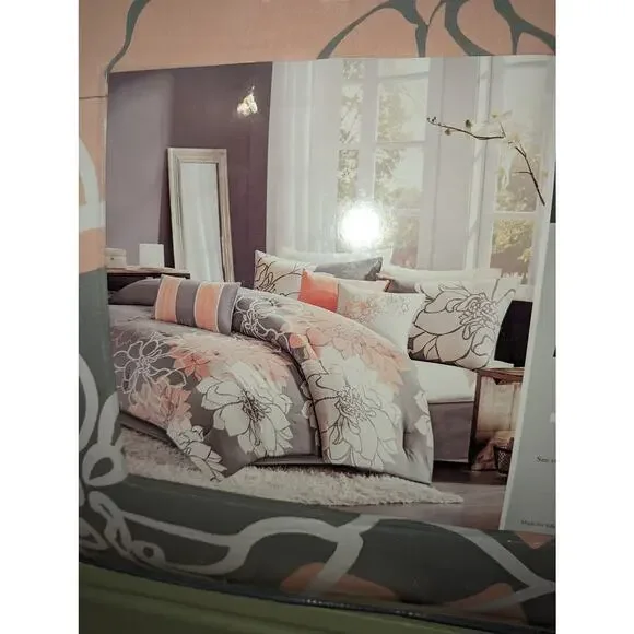 Madison Park Lola Queen Comforter shams skirt pillows Set Grey/Pink/WhiteNEW